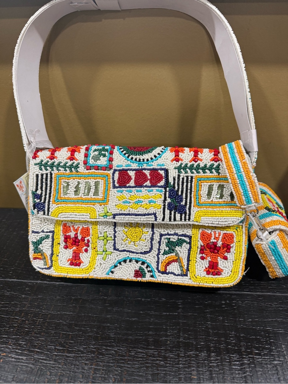 Hand Crafted in India Multicolor Beaded Shoulder Bag with White Strap